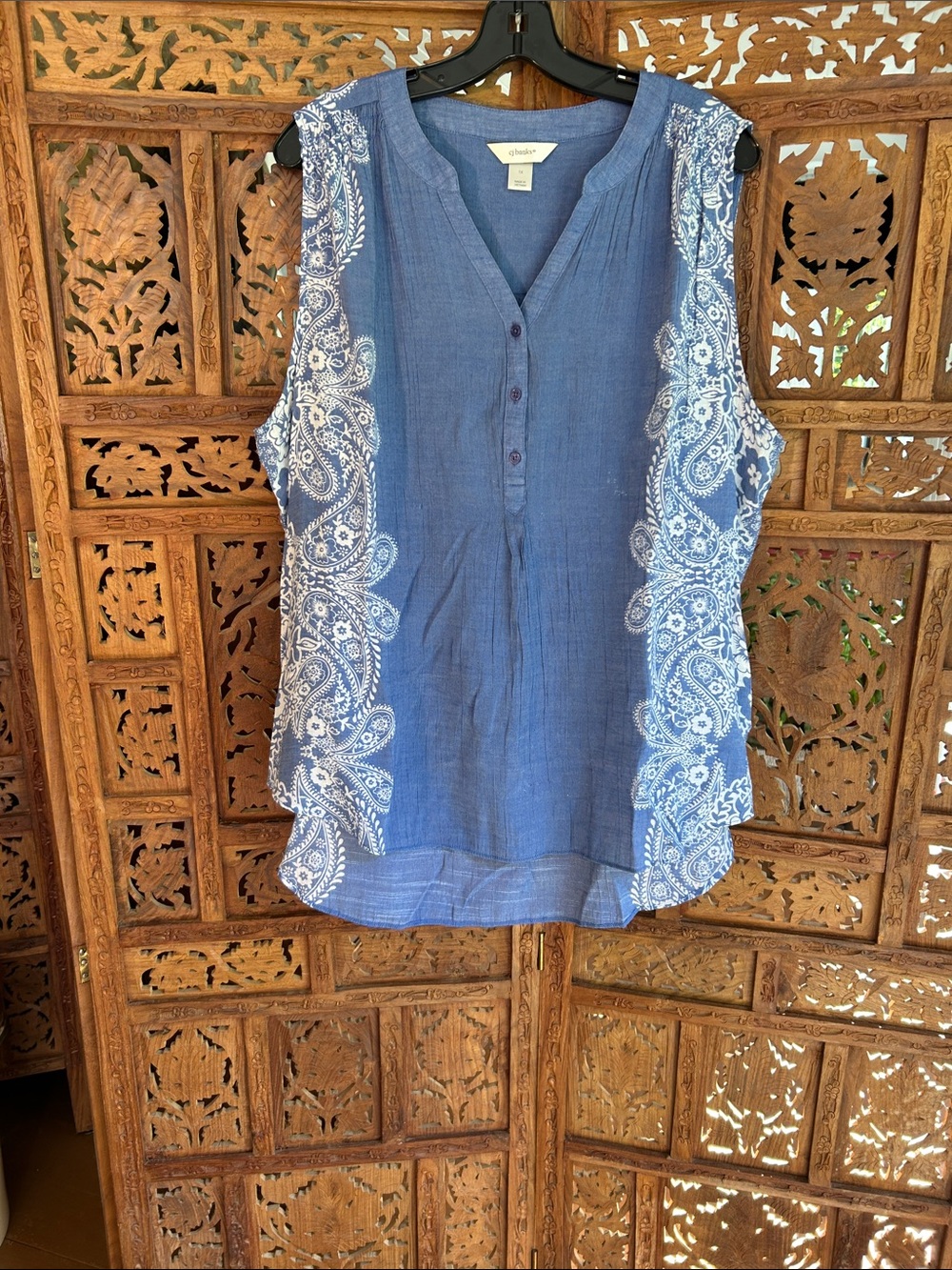 CJ Banks Blue Sleeveless Paisley-Trim Tunic top.  1X